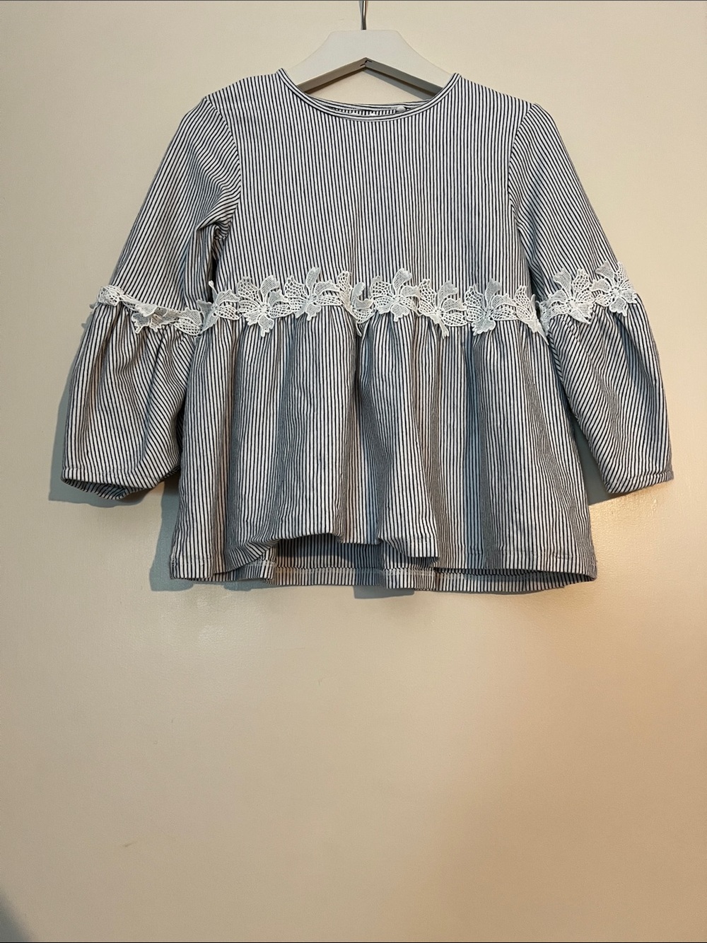 next Blue & White Striped Lace-Trim Peplum Top
